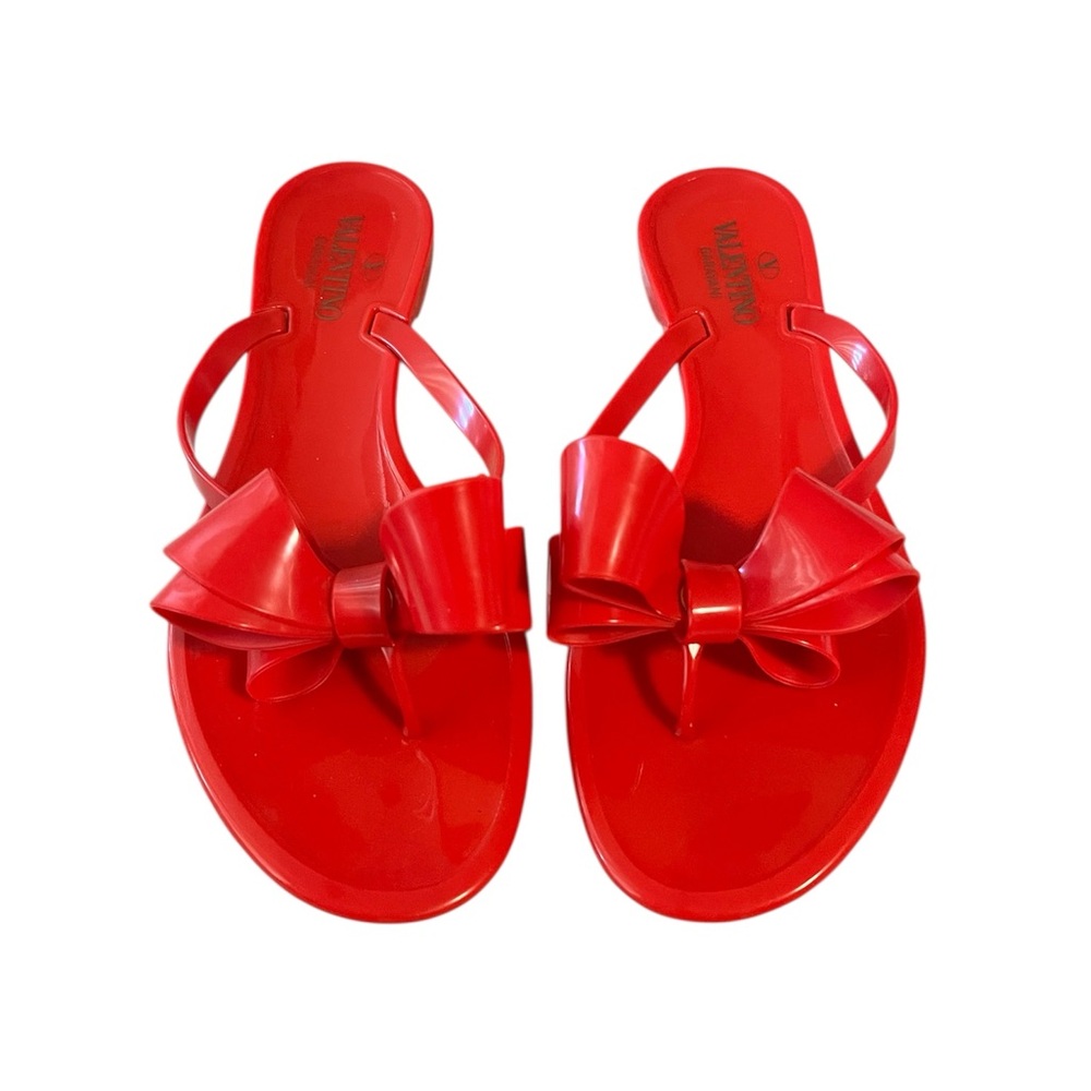 Used Valentino Red Jelly Bow Accents Slide Flats Size 41